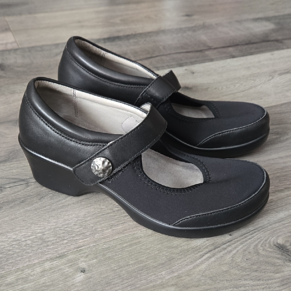 Alegria Black Leather Mary Jane Platform Wedge Comfort Shoes Adjustable Strap - Picture 2 of 12